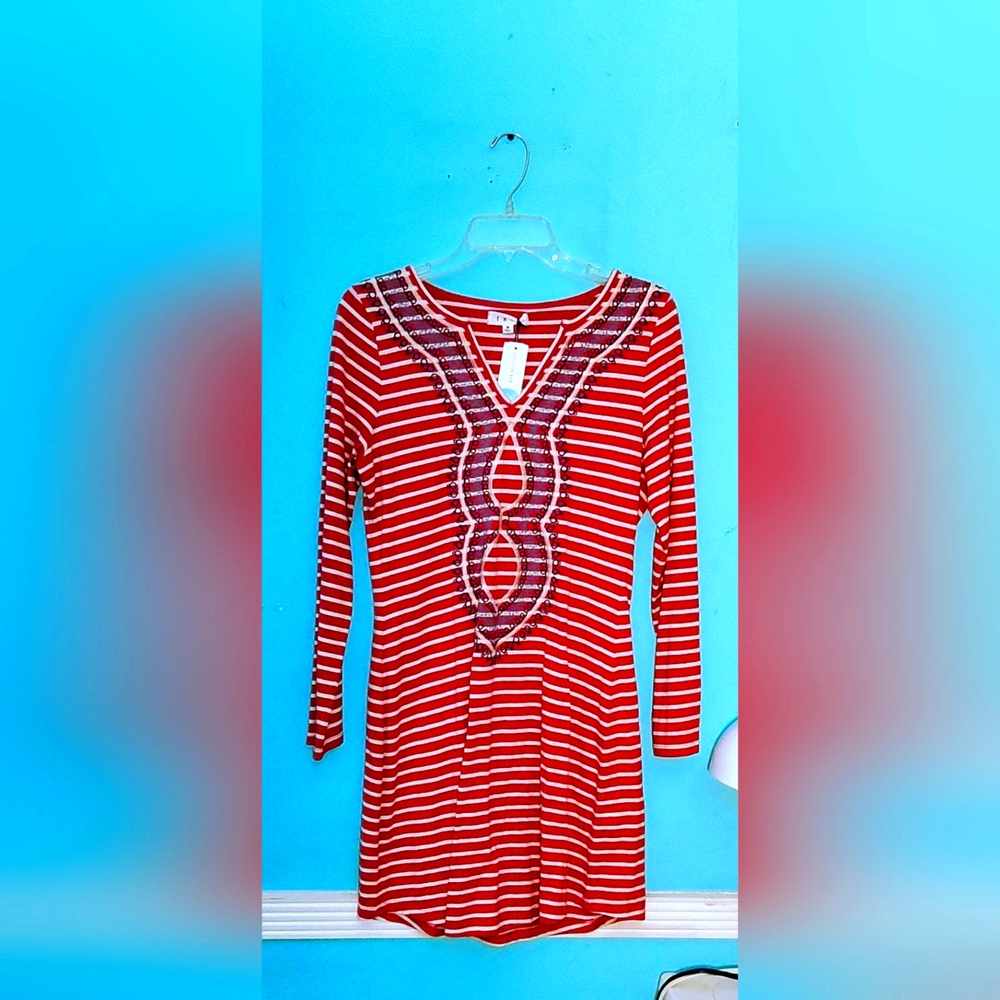 THML Stitch Fix Boho Style Striped Dress With Embroidered Neckline Size Medium